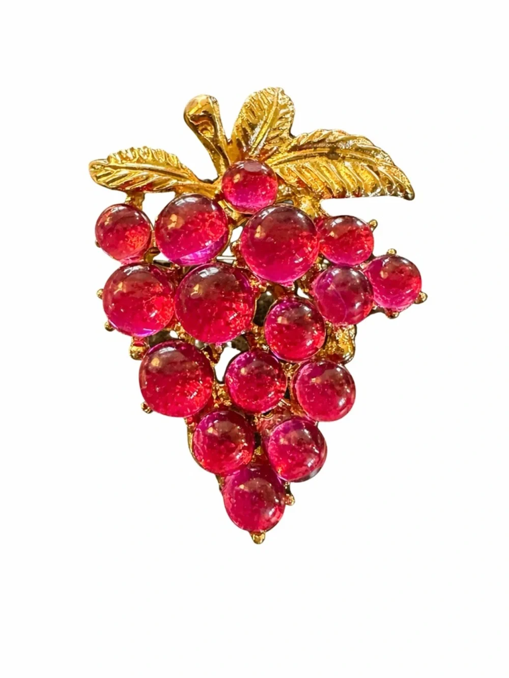 Vintage Style Re Pink Glass Grape Cluster Brooch‎ Gold Tone Leaf Pin